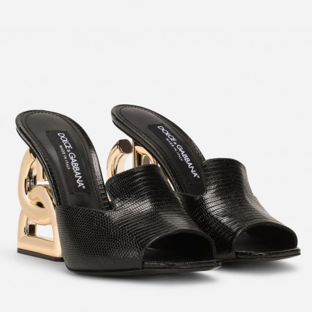 Dolce & Gabbana Black Lguana-print Mules with DG Pop Heel