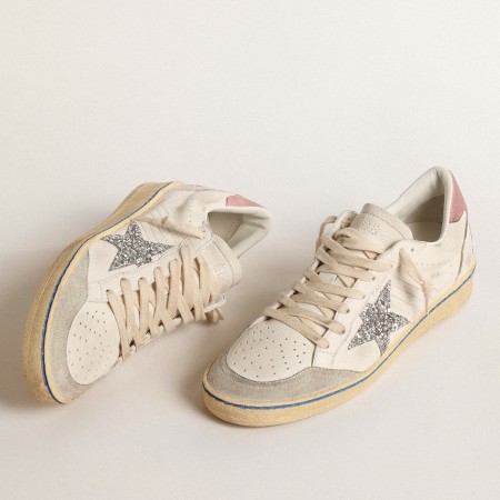 Golden Goose Women's Ball Star Sneakers with Silver Glitter Star and Pink Suede Heel Tab 