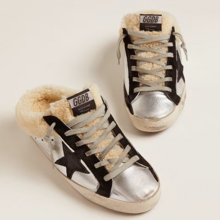 Golden Goose Women's Super-Star Sabot in Silver Laminated Leather with Black Star 