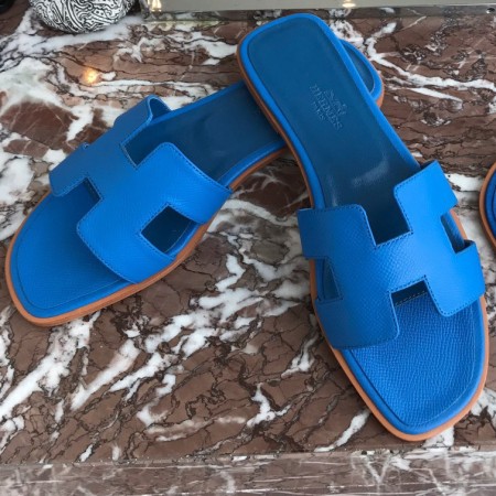 Hermes Oran Slide Sandals In Blue Hydra Epsom Calfskin