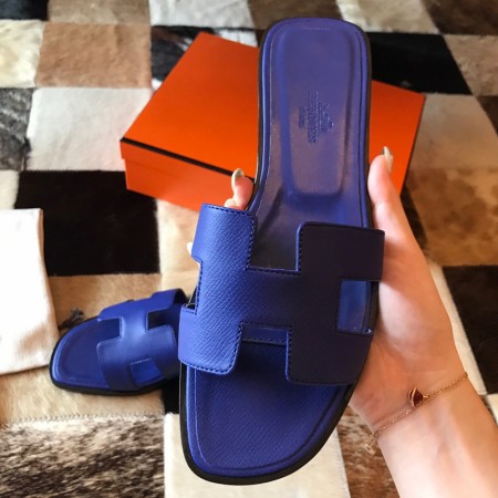 Hermes Oran Slide Sandals In Blue Electric Epsom Calfskin