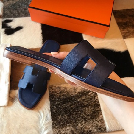 Hermes Oran Slide Sandals In Deep Blue Epsom Calfskin