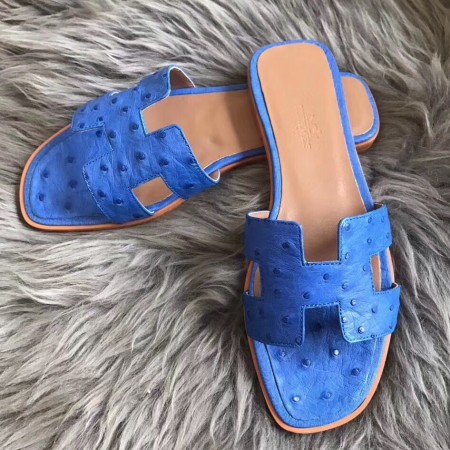 Hermes Oran Slide Sandals In Blue Hydra Ostrich Leather