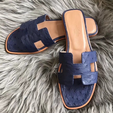 Hermes Oran Slide Sandals In Blue Roy Ostrich Leather