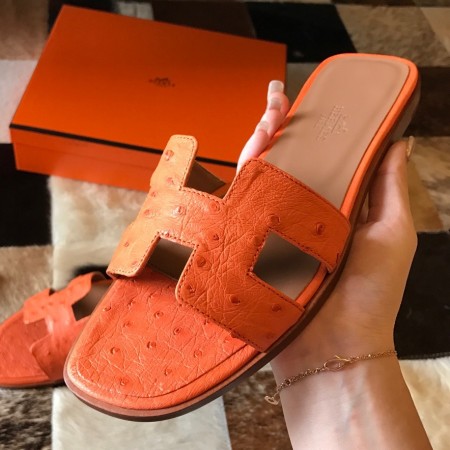 Hermes Oran Slide Sandals In Orange Ostrich Leather