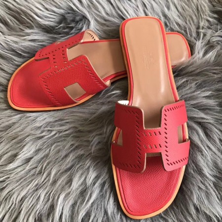 Hermes Oran Slide Sandals In Red Epsom Perforated Calfskin