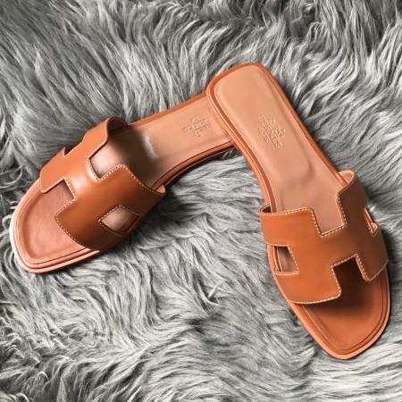 Hermes Oran Slide Sandals In Brown Swift Calfskin