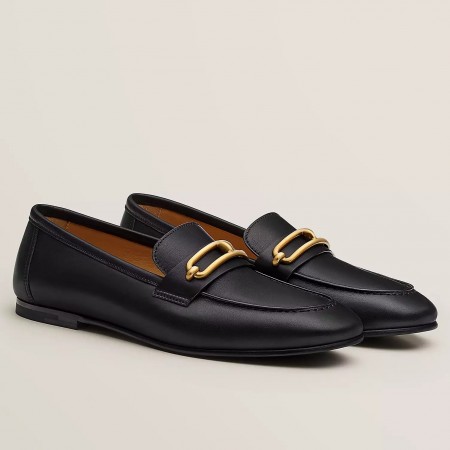 Hermes Men's Colette Loafers In Black Calfskin