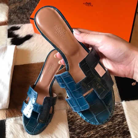 Hermes Oasis Slide Sandals In Blue Niloticus Crocodile Shiny Skin