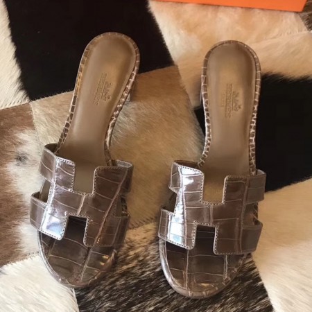 Hermes Oasis Slide Sandals In Taupe Niloticus Crocodile Shiny Skin