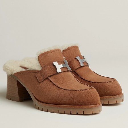 Hermes Flore 60 Mules in Brown Suede with Shearling