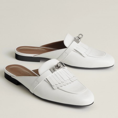 Hermes Women's Oz Mules with Fringed in White Leather