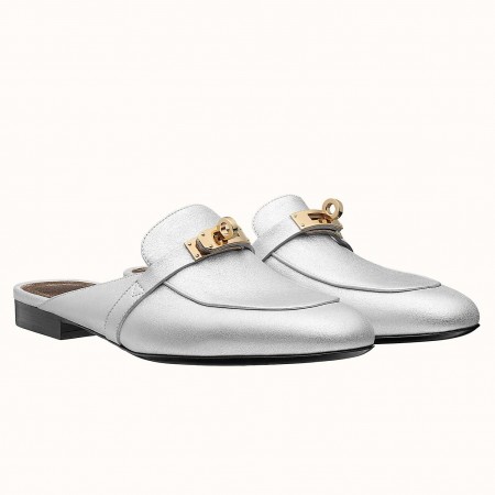 Hermes Oz Mules In Silver Metallic Calfskin