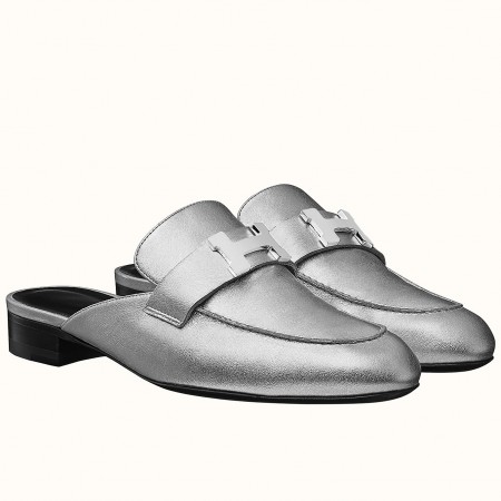 Hermes Trocadero Mules In Silver Nappa Leather