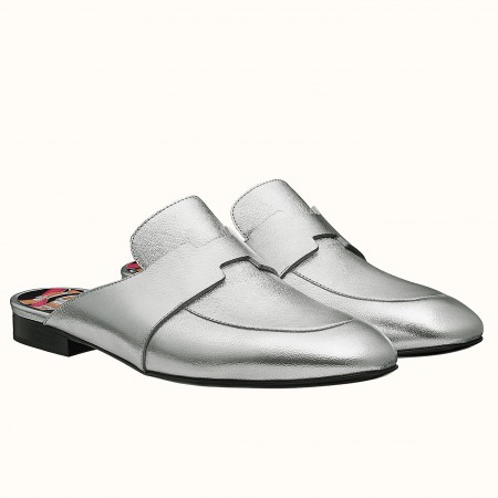 Hermes Catena Mules In Silver Metallic Calfskin