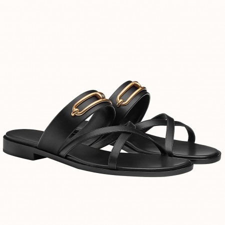 Hermes Claire Sandals In Black Calfskin