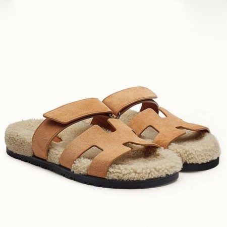 Hermes Women's Chypre Sandals in Beige Suede with Shearling