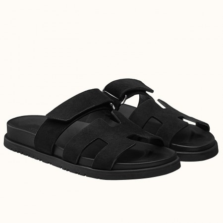 Hermes Women's Chypre Sandals In Black Suede Calfskin