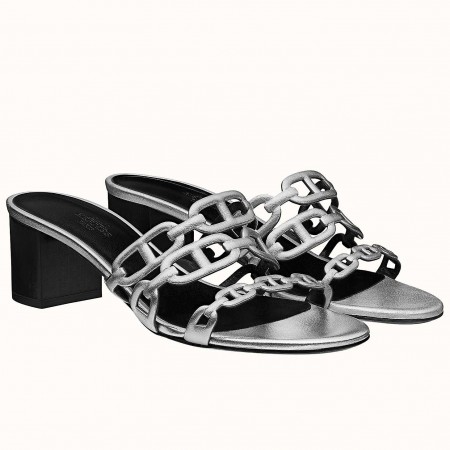 Hermes Tandem 50mm Sandals In Silver Metallic Calfskin