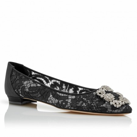 Manolo Blahnik Hangisi Flats In Black Lace with Crystal Buckle