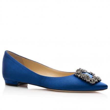 Manolo Blahnik Hangisi Flats In Blue Satin with Crystal Buckle