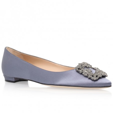 Manolo Blahnik Hangisi Flats In Grey Satin with Crystal Buckle