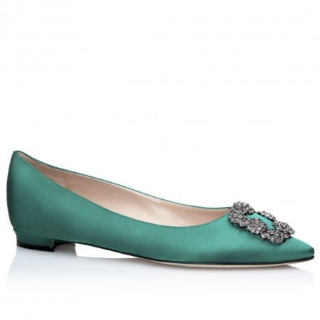 Manolo Blahnik Hangisi Flats In Green Satin with Crystal Buckle