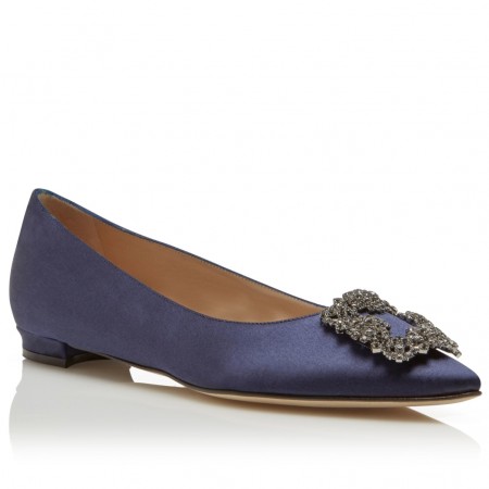 Manolo Blahnik Hangisi Flats In Navy Satin with Crystal Buckle