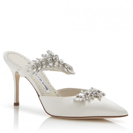 Manolo Blahnik Lurum Crystal 90mm Mules In White Satin