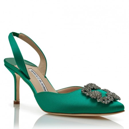 Manolo Blahnik Hangisi 70 Slingback Pumps in Green Satin