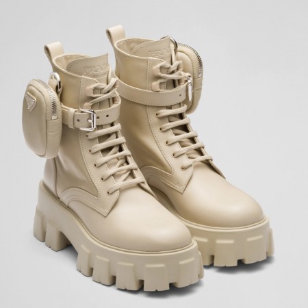 Prada Monolith Boots in Beige Leather and Nylon Fabric