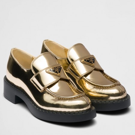 Prada Women's Loafers In Gold Metallic Leather