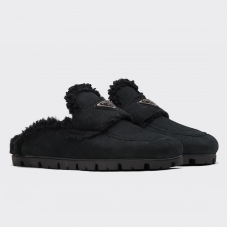 Prada Women's Slippers In Black Shearling