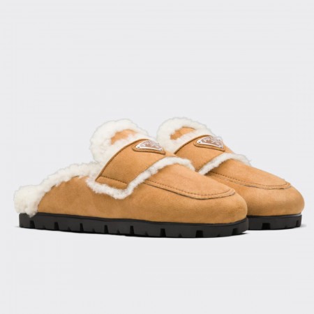 Prada Women's Slippers In Tan Shearling