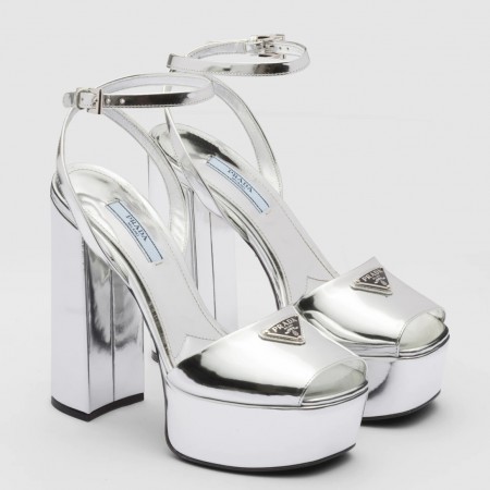 Prada Platform Sandals 135mm In Silver Metallic Leather