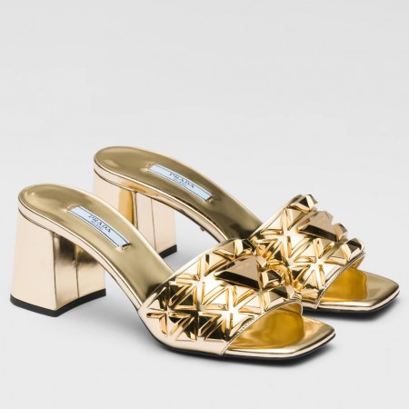 Prada Heeled Slide Sandals 65mm In Gold Metallic Leather