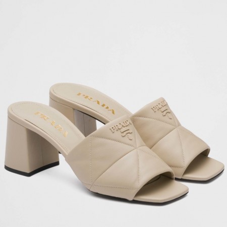 Prada Heeled Slide Sandals 65mm In Beige Nappa Leather