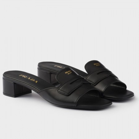 Prada Heeled Slides 35mm in Black Calfskin