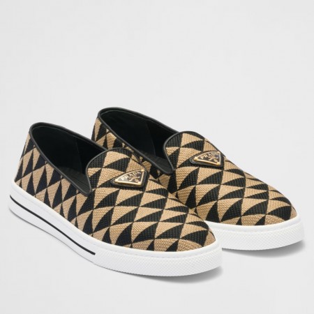 Prada Slip-on Sneakers in Black/Beige Embroidered Fabric 