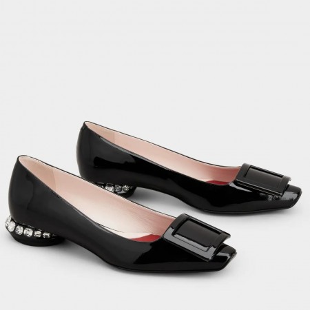 Roger Vivier Strass Heel Covered Buckle Ballerinas In Black Patent Leather