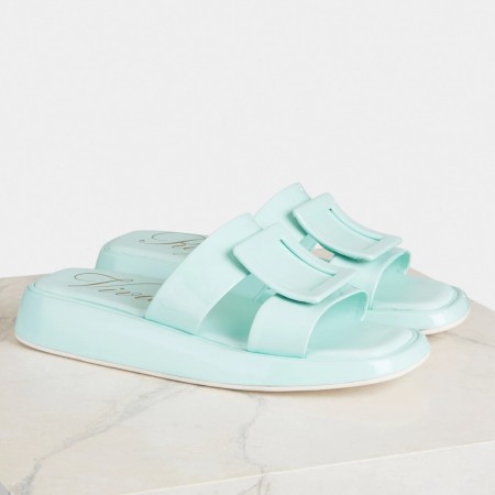 Roger Vivier Vivier Slide Covered Buckle Mules in Blue Patent Leather