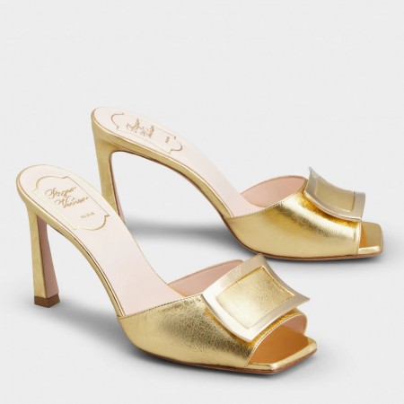 Roger Vivier Trompette Metal Buckle Mules in Gold Metallic Leather