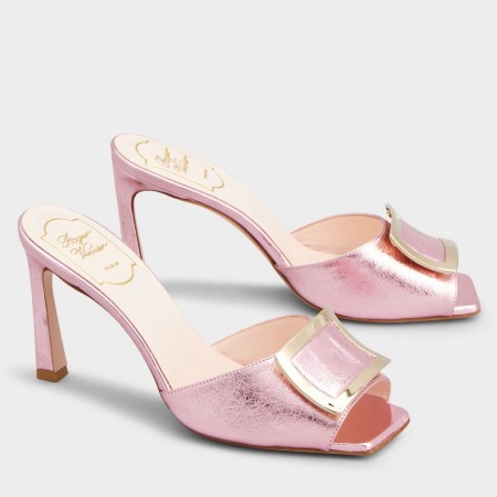 Roger Vivier Trompette Metal Buckle Mules in Pink Metallic Leather