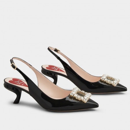 Roger Vivier Virgule Strass Buckle Slingback Pumps in Black Patent Leather