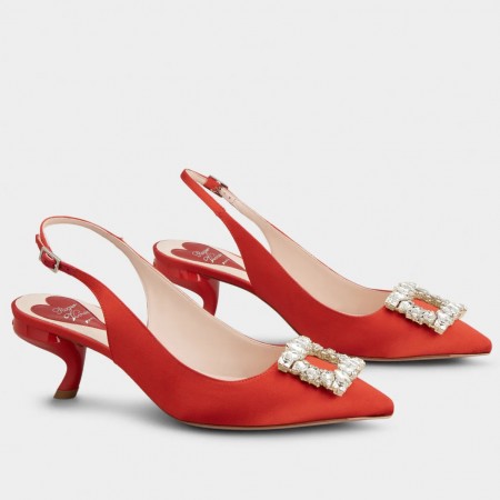 Roger Vivier Virgule Strass Buckle Slingback Pumps in Red Satin