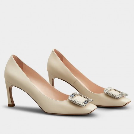 Roger Vivier Trompette Crystal Buckle Pumps in Off White Leather