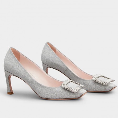 Roger Vivier Trompette Crystal Buckle Pumps in Glitter Fabrics