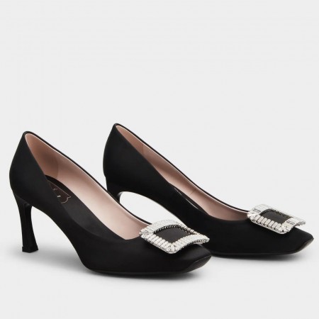 Roger Vivier Trompette Crystal Buckle Pumps in Black Satin