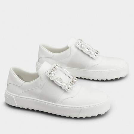 Roger Vivier Very Vivier Strass Buckle Sneakers in White Leather