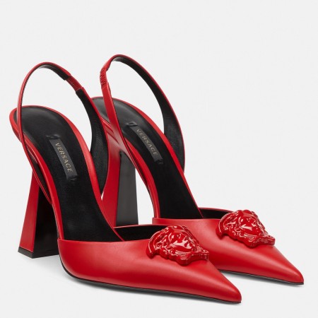 Versace La Medusa Slingback Pumps In Red Leather